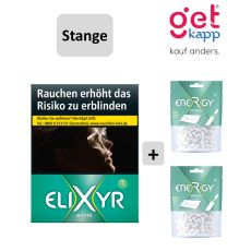 Sparset Zigaretten Elixyr M-Type Green XL. Grüne Packung mit Elixyr Logo und zwei Energy Filter Tips Tüten.
