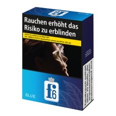 Schachtel Zigaretten f6 Blue XL. Blaue Packung mit weiß-blauem f6 Logo.