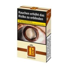 Schachtel Zigaretten f6 Original. Beige-braune Packung mit gelbem f6 Logo.