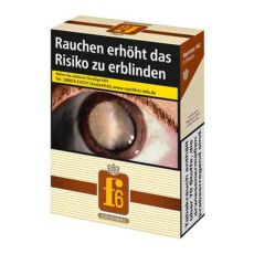 Schachtel Zigaretten f6 Original XL. Beige-braune Packung mit gelbem f6 Logo.