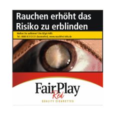 Schachtel ZIgaretten FairPlay Filter Rot Hercules. Sehr große weiß-rote Packung mit schwarzem Fair Play Logo.