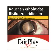 Schachtel ZIgaretten FairPlay Filter Rot King. Große weiß-rote Packung mit schwarzem Fair Play Logo.