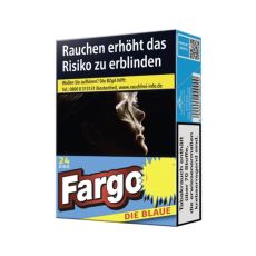 Packung Zigaretten Fargo Die Blaue. Blaue Schachtel mit weiß-rotem Fargo Logo und gelben Botton.