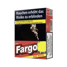 Packung Zigaretten Fargo Die Rote. Rote Schachtel mit weiß-rotem Fargo Logo und gelben Botton.