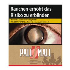 Schachtel Zigaretten Pall Mall Authentic Red Xtra. Braune Packung mit roten Pausezeichen und weißem Pall Mall Logo.