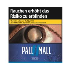 Schachtel Zigaretten Pall Mall blau Jumbo. Dunkelblaue Packung mit hellblauen Streifen und weißem Pall Mall Logo.
