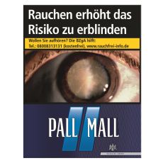 Schachtel Zigaretten Pall Mall blau Super. Dunkelblaue Packung mit hellblauen Streifen und weißem Pall Mall Logo.