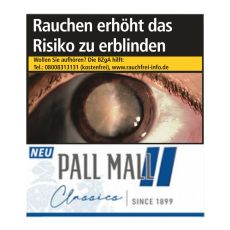 Schachtel Zigaretten Pall Mall Classics Blue Hercules. Weiß-blaue Packung mit blauem Pausezeichen und schwarzer Pall Mall Aufschrift.