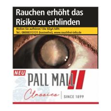 Schachtel Zigaretten Pall Mall Classics Red Hercules. Weiß-rote Packung mit rotem Pausezeichen und schwarzer Pall Mall Aufschrift.