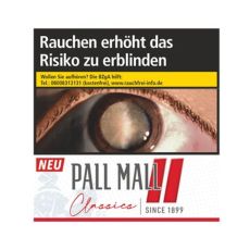 Schachtel Zigaretten Pall Mall Classics Red King. Weiß-rote Packung mit rotem Pausezeichen und schwarzer Pall Mall Aufschrift.
