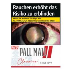 Schachtel Zigaretten Pall Mall Classics Red Super. Weiß-rote Packung mit rotem Pausezeichen und schwarzer Pall Mall Aufschrift.