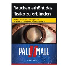 Schachtel Pall Mall Zigaretten Rot Giga. Dunkelblaue Packung mit rotem Pausezeichen und weißer Pall Mall Aufschrift.