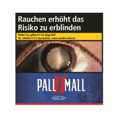Schachtel Zigaretten Pall Mall rot Hercules. Dunkelblaue Packung mit roten Streifen und weißem Pall Mall Logo.