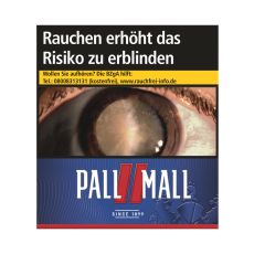 Schachtel Zigaretten Pall Mall rot Jumbo. Dunkelblaue Packung mit roten Streifen und weißem Pall Mall Logo.