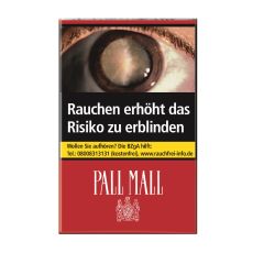 Schachtel Zigaretten Pall Mall rot ohne Filter. Rote Packung mit weißem Pall Mall Logo und Wappen.