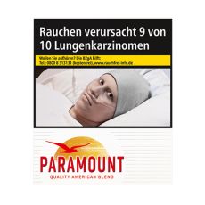 Schachtel Zigaretten Paramount. Weiße Packung mit mit rotem Paramont Logo, Sonne und Vogel.
