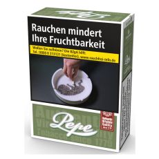 Schachtel Pepe Zigaretten Rich Green XXL. Grüne Packung mit weißem Pepe Logo.