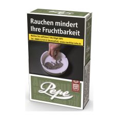 Schachtel Zigaretten Pepe Rich Green L. Grüne Packung mit weißem Pepe Logo.
