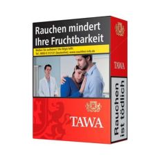 Schachtel  Zigaretten Tawa Rot XXL. Rote Packung mit weißer Tawa Aufschrift und goldenem Wappen mit Löwen.