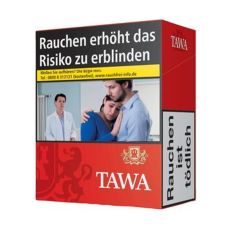 Schachtel  Zigaretten Tawa Rot XXXXL. Rote Packung mit weißer Tawa Aufschrift und goldenem Wappen mit Löwen.