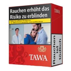 Schachtel Tawa Rot 5XL Zigaretten. Rote Packung mit weißer Tawa Aufschrift und goldenem Wappen mit Löwen.