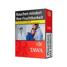 Schachtel Zigaretten Tawa Rot XL. Rote Packung mit weißer Tawa Aufschrift und goldenem Wappen mit Löwen.