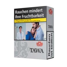 Schachtel Zigaretten Tawa Silver XL. Silberne Packung mit schwarzer Tawa Aufschrift und rotem Wappen mit Löwen.