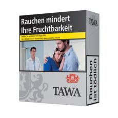 Schachtel Zigaretten Tawa Silver XXXXL. Große silberne Packung mit schwarzer Tawa Aufschrift und rotem Wappen mit Löwen.