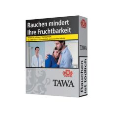 Schachtel Zigaretten Tawa Silver XL. Silberne Packung mit schwarzer Tawa Aufschrift und rotem Wappen mit Löwen.