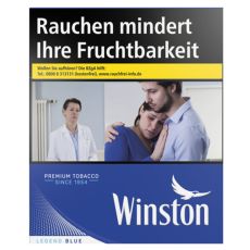 Schachtel Winston Zigarertten Blue 5XL. Blaue Packung mit weißer Winston Aufschrift mit Adler.