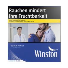 Schachtel Zigaretten Winston blau 6XL. Blaue Packung mit weißem Winston Logo und Warnbild.