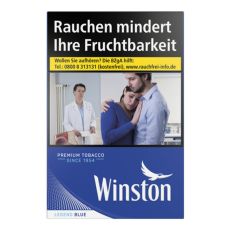 Schachtel Zigaretten Winston blue XL. Blaue Packung mit weißem Winston Logo und Warnhinweis.