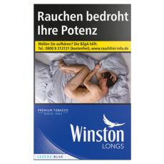 Schachtel Zigaretten Winston Blue Long. Schlanke blaue Packung mit weißem Winston Logo.