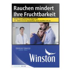 Schachtel Zigaretten Winston Blau XXL. Blaue Packung mit weißem Winston Logo und Warnhinweis.