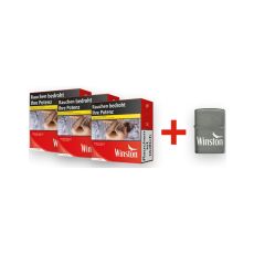 Sparset Winston Zigaretten Red 6XL. Drei rote Packungen mit Winston Zippo Feuerzeug.