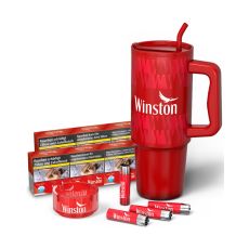Sparset Winston Zigaretten Red 6XL. Sechs rote Packungen mit rotem Trinkbecher, vier roten Feuerzeug und rotem Glasaschenbecher.
