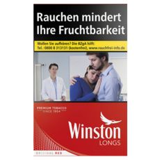 Schachtel Zigaretten Winston red Long. Schlanke rote Packung mit weißem Winston Logo.