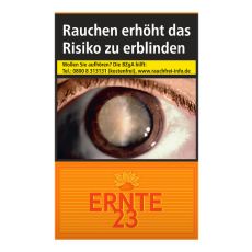 Schachtel Zigaretten Ernte 23. Orange Packung mit Streifen und rotem Ernte 23 Logo.