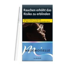 Packung Zigaretten Mademoiselle La Bleue. Blaue Packung mit schwarzer Mademoiselle Aufschrift.