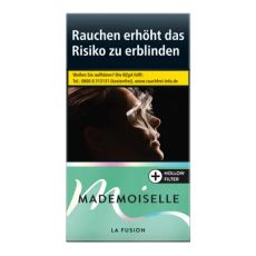 Packung Zigaretten Mademoiselle La Fusion. Grüne Packung mit schwarzer Mademoiselle Aufschrift.