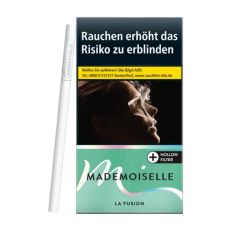 Packung Zigaretten Mademoiselle La Fusion. Grüne Packung mit schwarzer Mademoiselle Aufschrift.