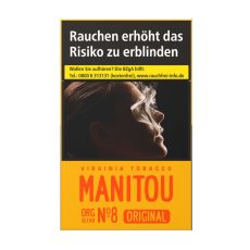 Schachtel Zigaretten Manitou Organic Blend No.8 Gold. Orange Packung mit roter Manitou Aufschrift und Warnhinweis.