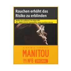 Schachtel Zigaretten Manitou Organic Blend No.8 Gold. Große orange Packung mit roter Manitou Aufschrift und Warnhinweis.