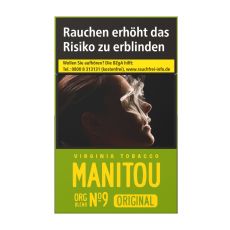 Schachtel Zigaretten Manitou Organic Blend No.9 Green. Grüne Packung mit gelber Manitou Aufschrift und Warnhinweis.