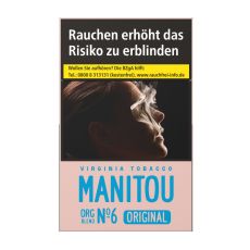 Schachtel Zigaretten Manitou Organic Blend No.6 Pink. Rosa Packung mit blauer Manitou Aufschrift und Warnhinweis.