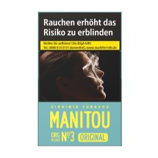 Schachtel Zigaretten Manitou Organic Blend No.3 Sky. Hellblaue Packung mit gelber Manitou Aufschrift und Warnhinweis.