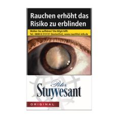 Schachtel Zigaretten Peter Stuyvesant. Weiße Packung mit blauem Peter Stuyvesant Logo und rotem Streifen mit Original.