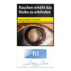 Schachtel Zigaretten R1 Blau Long Line. Weiße Packung mit Streifen und blauem R1 Logo und Aufschrift Long Line.