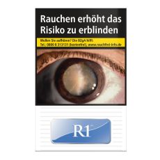 Schachtel Zigaretten R1 Blau. Weiße Packung mit Streifen und blauem R1 Logo und Warnbild.
