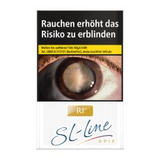 Schachtel Zigaretten R1 Gold SL-Line. Weiße Packung mit Streifen und goldenem R1 Logo sowie Aufschrift SL-Line.